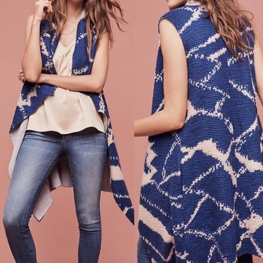 Anthropologie Tabitha Merima Duster Wool Knit Vest Blue and White, Size Medium